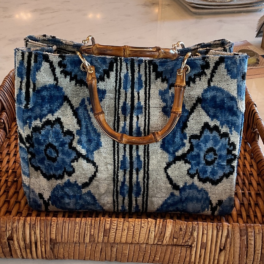 Blue Floral Velvet Tote with Bamboo Handles
